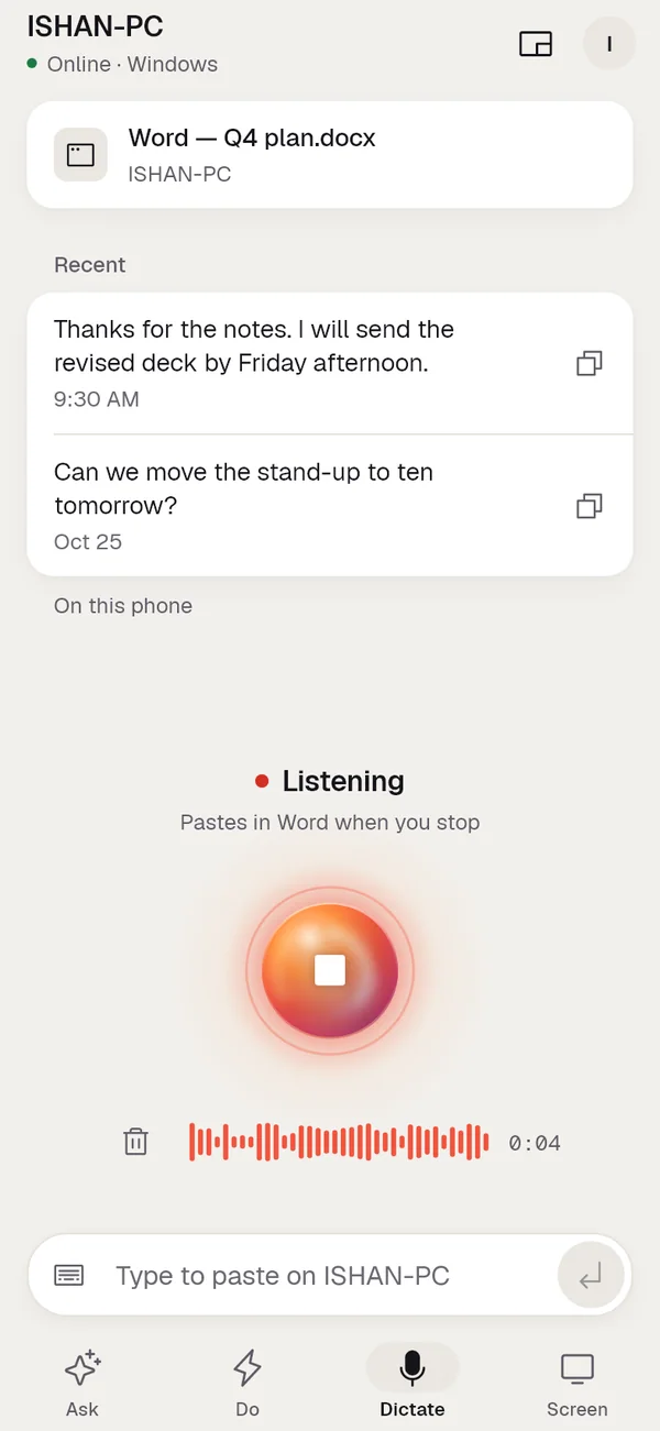 Phone app, Dictate tab: listening, with a live waveform and a running clock; the text pastes into Word on the computer when you stop.