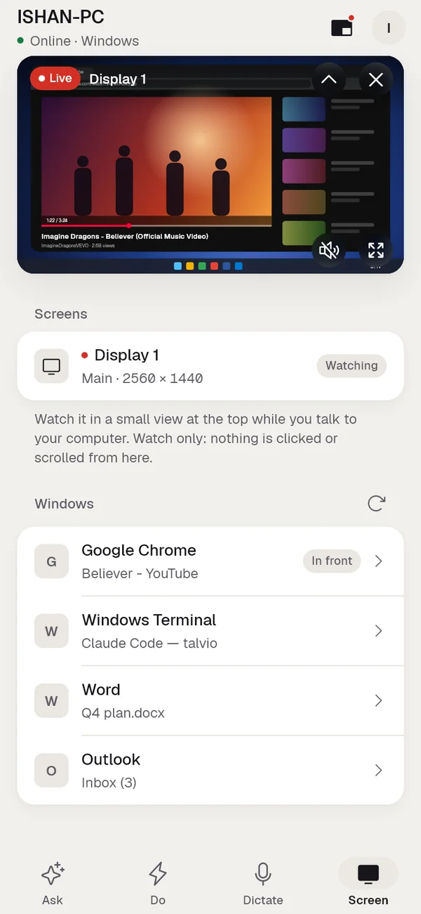 Phone app, Screen tab: a live view of the computer's screen playing Believer on YouTube, with its screens and open windows listed below.