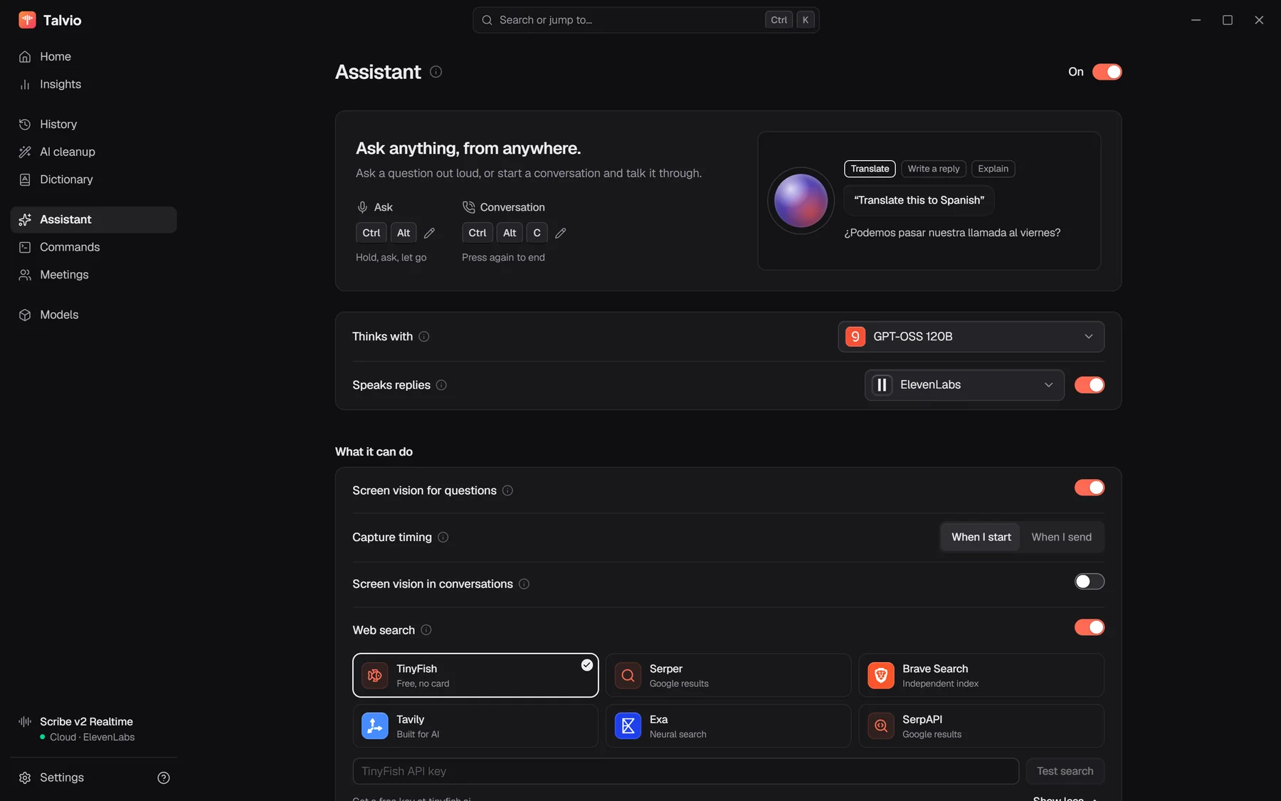 The Assistant page in Talvio: the ask and conversation shortcuts, the model it thinks with, the voice it speaks with, screen vision and web search settings.