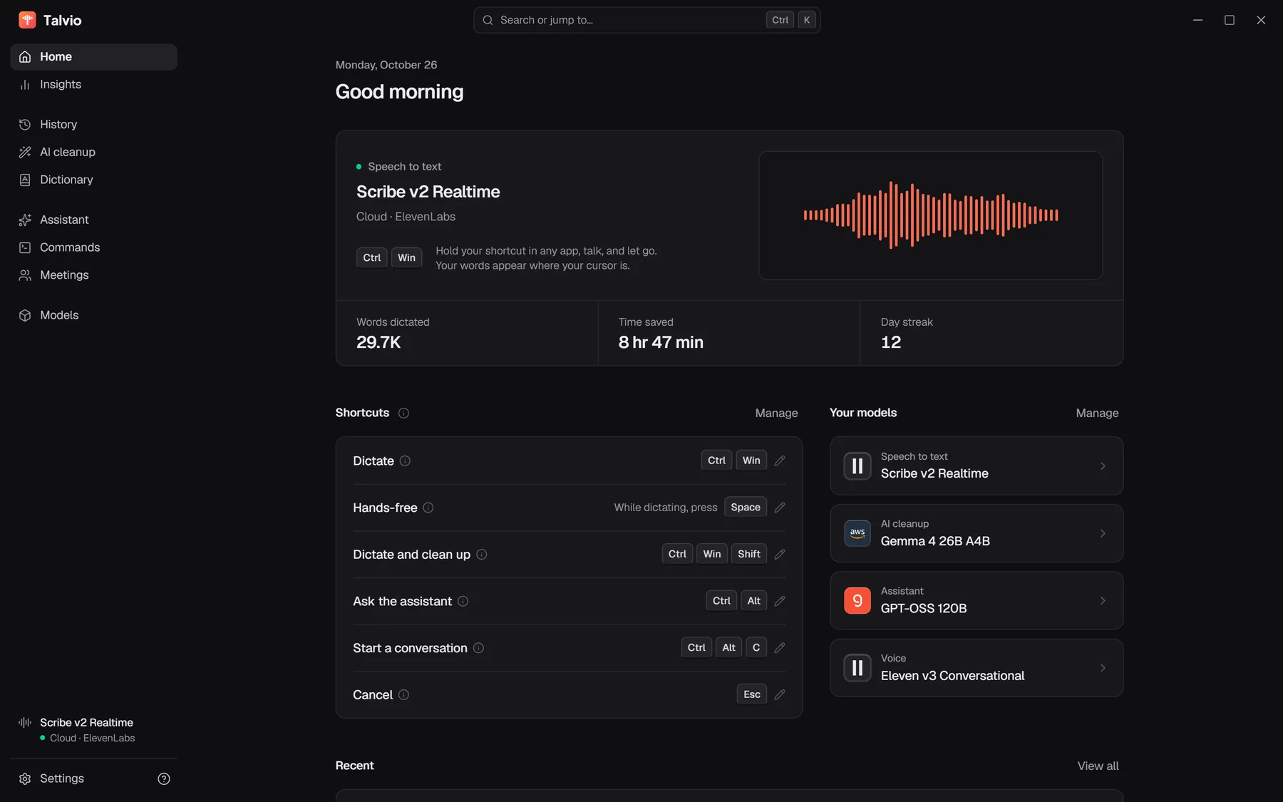 Talvio's Home page: the speech model in use, the dictation keys, words dictated, time saved, day streak, shortcuts and models.
